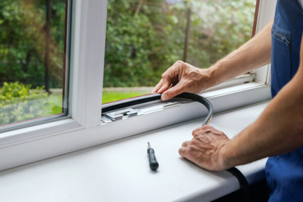 Replacement Windows Kewanee IL, worker installing sealing tape on plastic window frame. banner with copy space