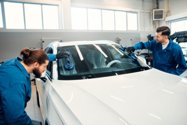 Auto Glass Replacement Rock Island IL, A professional mechanic changes a windshield on a car in a car workshop. Hands mechanic holding a tool. Replacement of automobile glasses