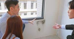 Replacement Windows Macomb IL, close-up of Asian agent and home buyer inspect interior wall damage near window showing seepage cracks and mold during home sale discussion in bare house